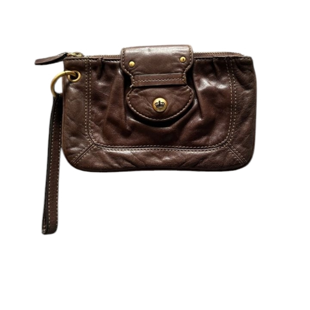 Elegant Brown Leather Wristlet with Crown Accent